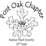 Black on white line illustration of oak leaf and acorns, with Post Oak Chapter written above, and Native Plant Society of Texas written below.